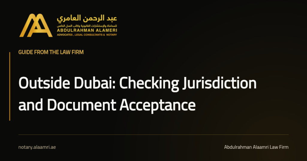 Social card titled “Outside Dubai: Checking Jurisdiction and Document Acceptance” in the branding of Abdulrahman Alaamri Advocates and Legal Consultants.