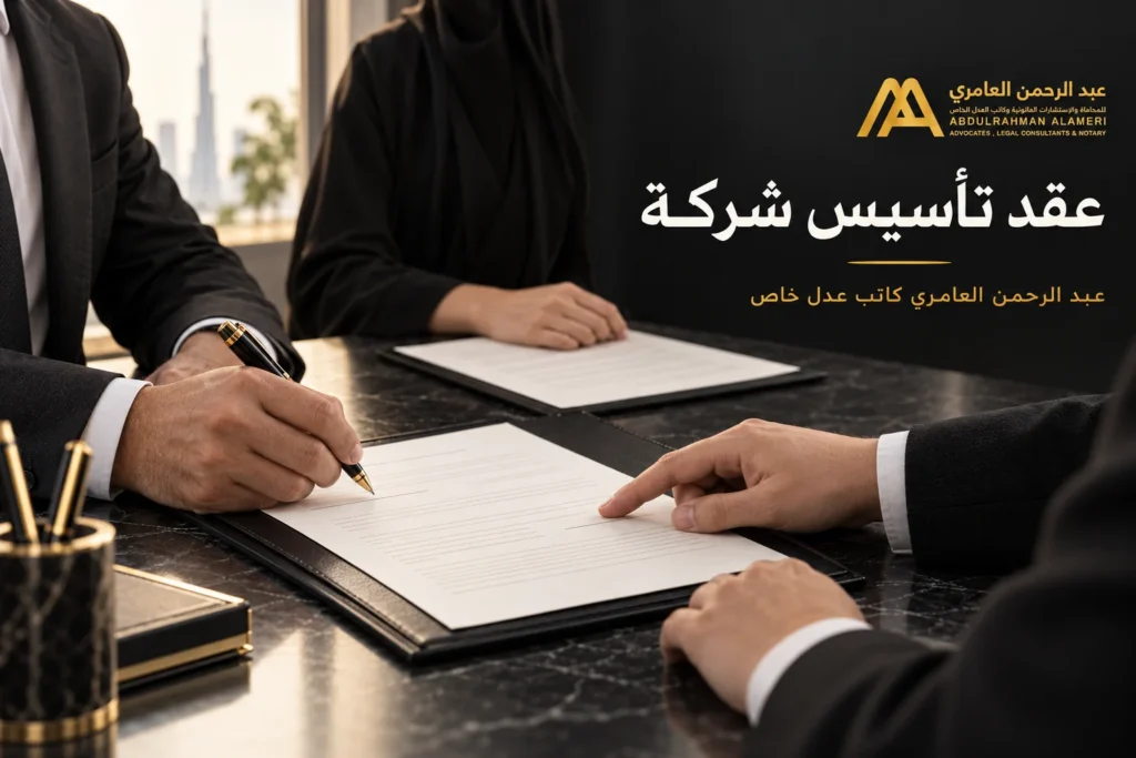 مراجعة عقد تأسيس شركة والتوقيع عليه أمام كاتب العدل الخاص