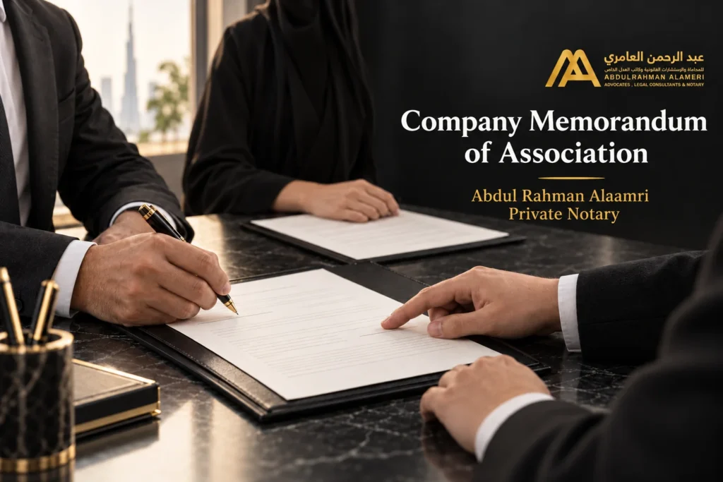 Reviewing and signing a company memorandum of association before a private notary