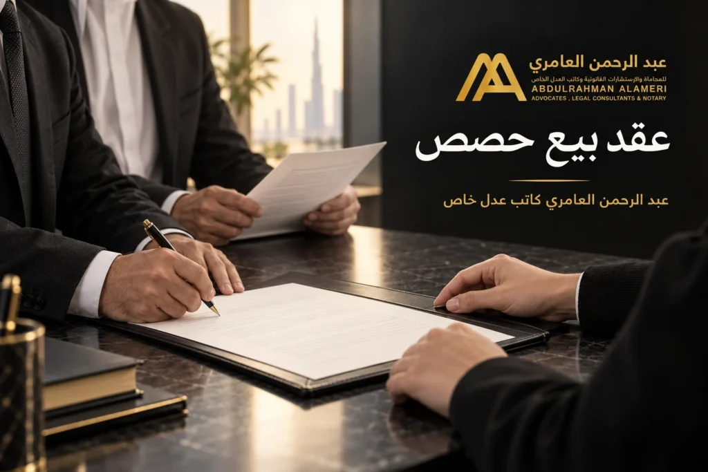 توقيع عقد بيع حصص ومراجعته بين الأطراف أمام كاتب العدل الخاص