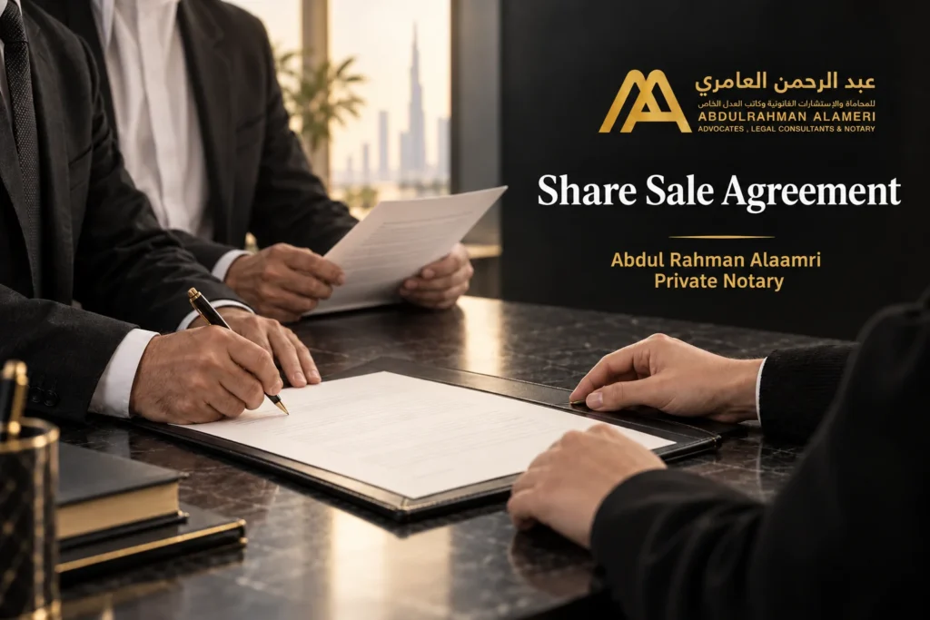 Parties reviewing and signing a company share sale agreement before a private notary