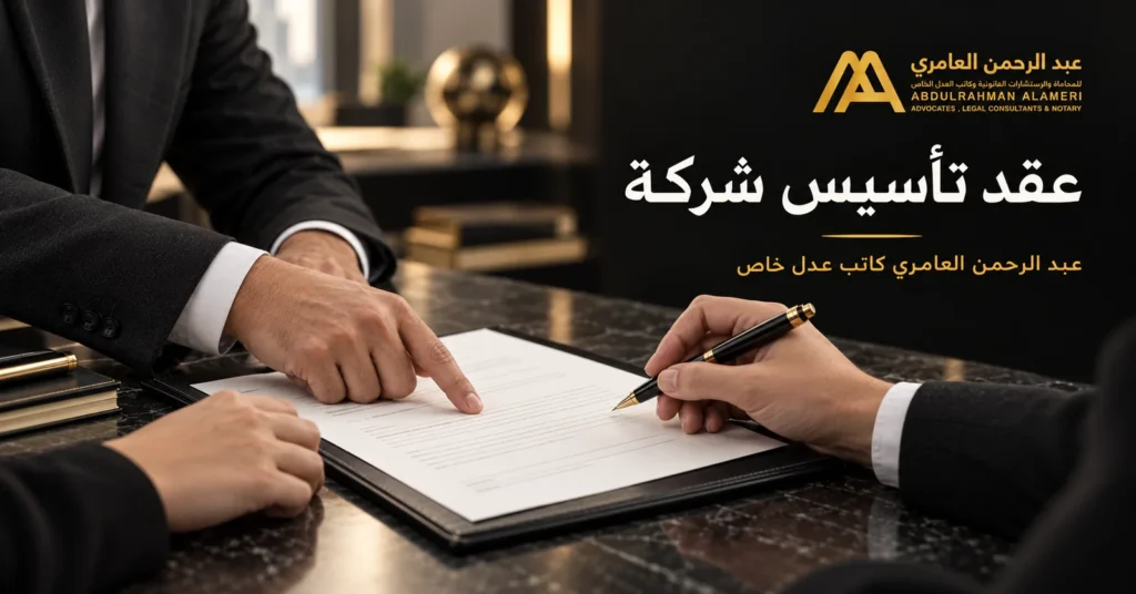 مراجعة عقد تأسيس الشركة قبل التصديق على التوقيعات لدى عبد الرحمن العامري كاتب عدل خاص