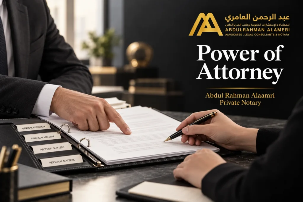 A power of attorney binder and document sections being reviewed at a desk before notarisation.