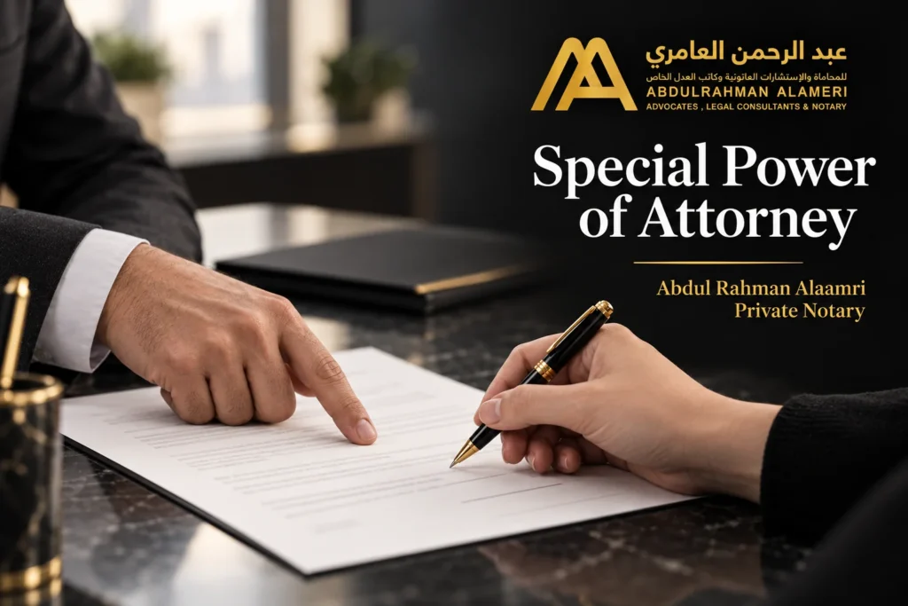 A specific power of attorney document being reviewed at its signature area before notarisation.